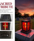 Sacred Tribute cemetery lantern at sunset with high-efficiency solar panel, illuminated cross design