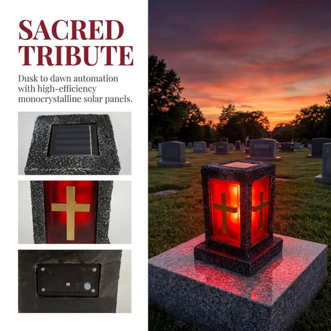 Sacred Tribute cemetery lantern at sunset with high-efficiency solar panel, illuminated cross design
