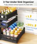 No Sweat Slick 3 Tier Under Sink Organizer Height Adjustable Metal Pull Out Cabinet Shelf With Smooth Glide Design For Zero Hassle Kitchen Pantry Bathroom And Laundry Storage 2 Pack Black with cleaning supplies.