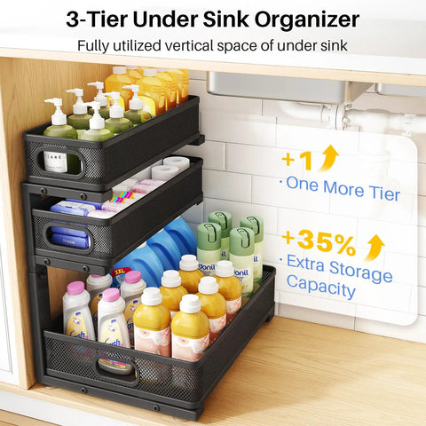 No Sweat Slick 3 Tier Under Sink Organizer Height Adjustable Metal Pull Out Cabinet Shelf With Smooth Glide Design For Zero Hassle Kitchen Pantry Bathroom And Laundry Storage 2 Pack Black with cleaning supplies.