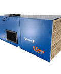 Straight Up Heavy Duty Ceiling Or Wall Mounted Air Cleaner With 2500 Cfm Blower and Eight Pocket Bag Filter, side view showing blue metal casing.