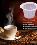 Disposable Coffee Filters 600 Count for Keurig Single Serve Pods, filter next to steaming coffee and coffee beans