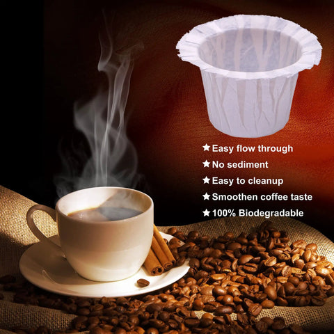 Disposable Coffee Filters 600 Count for Keurig Single Serve Pods, filter next to steaming coffee and coffee beans