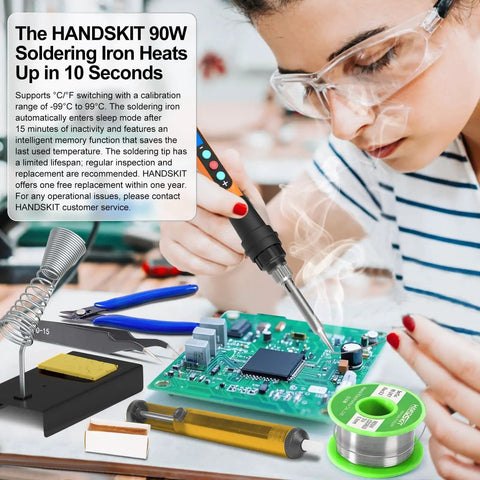 Person using Adjustable 90W Soldering Iron Kit with LCD Temperature Display DIY Friendly 13 in 1 Soldering Gun Set on circuit board