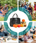 Insulated Leakproof Lunch Tote for women and men with food items, shown for picnics, camping, office, and school use