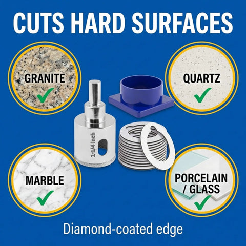 One And One Quarter Inch Diamond Hole Saw Kit With Water Guide for cutting granite, quartz, marble, porcelain, and glass surfaces.