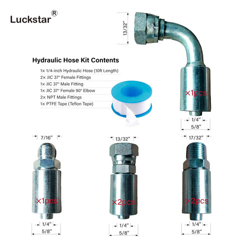 Luckstar hydraulic hose kit: 10 ft 1/4 in hose with JIC and NPT fittings plus PTFE tape (front view)