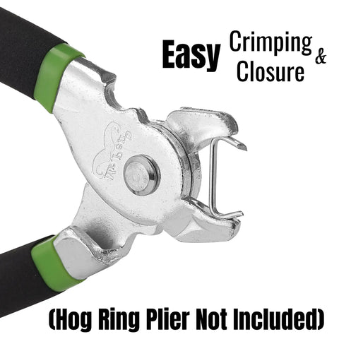 Close-up of hog ring plier showing easy crimping tool, for Galvanized Hog Rings Set For Upholstery And Fencing, Three Quarters Inch.