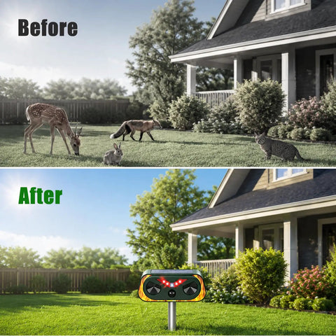 4 Pack Solar Powered Ultrasonic Animal Repeller Outdoor Waterproof Pest Deterrent For Deer Cats Dogs Squirrels Raccoons Rabbits With Motion Sensor And Flashing Light For Yard Garden Lawn Farm installed in lawn