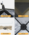 Oversized Camping Wind Block Screen Four Panels Campout Ready For Beach And Backyard Privacy Fence Sun Shield With Mesh Window Poles Ground Nails Included Easy Setup Green components including support rod, window, ground spike, pull cord in detail view panel.