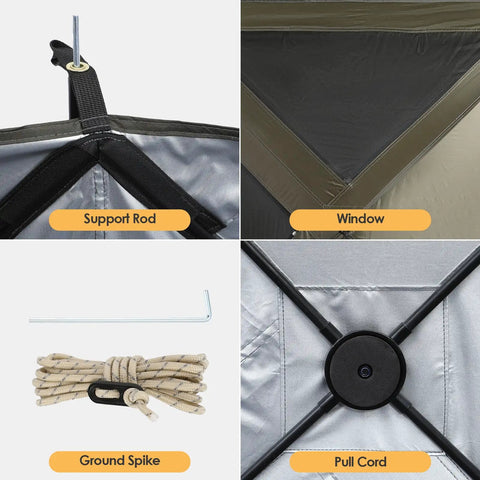 Oversized Camping Wind Block Screen Four Panels Campout Ready For Beach And Backyard Privacy Fence Sun Shield With Mesh Window Poles Ground Nails Included Easy Setup Green components including support rod, window, ground spike, pull cord in detail view panel.