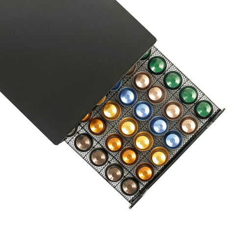 Keep Your Kitchen Game Tight With This Metal Coffee Pod Drawer Holds Sixty Nespresso Capsules Effortless Slide Design Lets You Snag Pods Without Breaking A Sweat showing Nespresso capsules organized in black drawer.