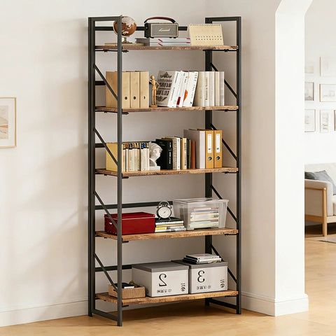 Sleek Five Tier Folding Bookshelf, Legit Heavy Duty Metal Frame And Vintage Wood Shelves, vertical storage unit in living room.