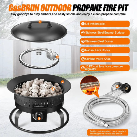 Outdoor Portable Propane Fire Pit 60 000 BTU 19 Inch With Cover And Carry Kit showing components with labeled features