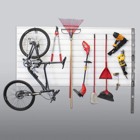 Heavy Duty PVC Slatwall Garage Organizer System 8 Ft By 4 Ft White Panels For A No-Fuss 32 Sq Ft Setup, Interlocking Slatwall Panels, Holds Up To 75 Lb Per Sq Ft, Includes Trims And Hardware For Stud Or Drywall Installation displaying organized tools and a bicycle.