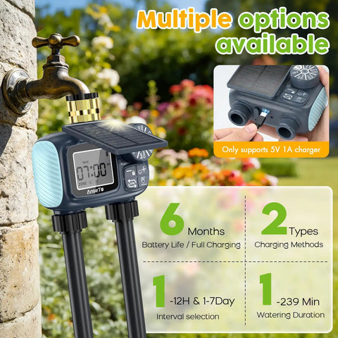 Solar Powered Sprinkler Timer With Brass Inlet Dual Outlet Garden Hose Controller on stone wall with flowers in background