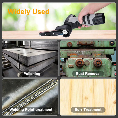 Heavy Duty Mini Belt Sander And Angle Grinder Tool Featuring Variable Speed Motor For Smoothing Wood Metal Pipes And Plastic with polishing and rust removal applications.