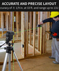 Three Dot Green Beam Laser Level With Self Leveling Plumb Up And Down Magnetic Base 131 Foot Range Includes 2 AA Batteries And Carry Pouch on tripod