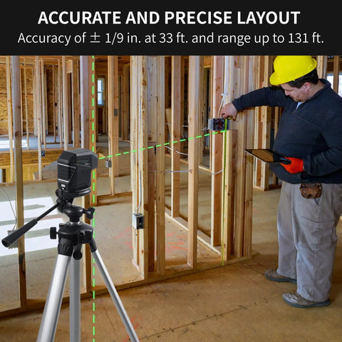 Three Dot Green Beam Laser Level With Self Leveling Plumb Up And Down Magnetic Base 131 Foot Range Includes 2 AA Batteries And Carry Pouch on tripod