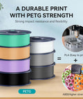 Stack of colorful PETG filament spools with printing example, showcasing impact resistance and flexibility for 3D printers.