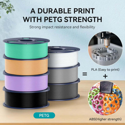 Stack of colorful PETG filament spools with printing example, showcasing impact resistance and flexibility for 3D printers.