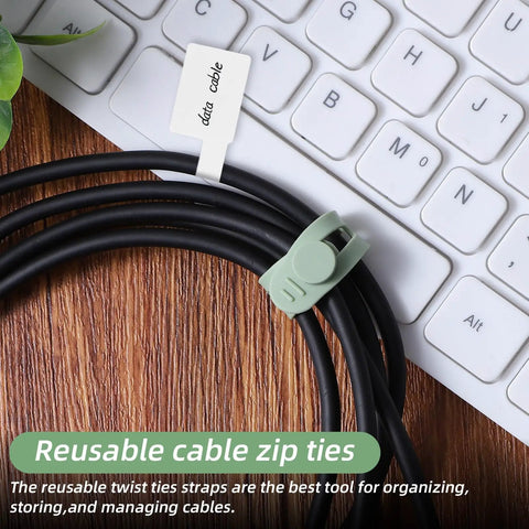 90 Piece Nylon Cable Labels And Cord Ties Set on desk with keyboard, showing cable tie securing cables, label marked 'data cable'.