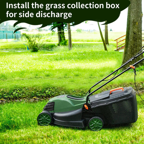 Electric Walk Behind Lawn Mower With 10 Amp Motor And 13 Inch Cutting Deck Grass Collection Bag 3 Adjustable Cutting Heights Corded Mower For Small To Medium Lawns Easy Start Go To Tool For Fast Garden Care. Side view on grass with collection bag attached.