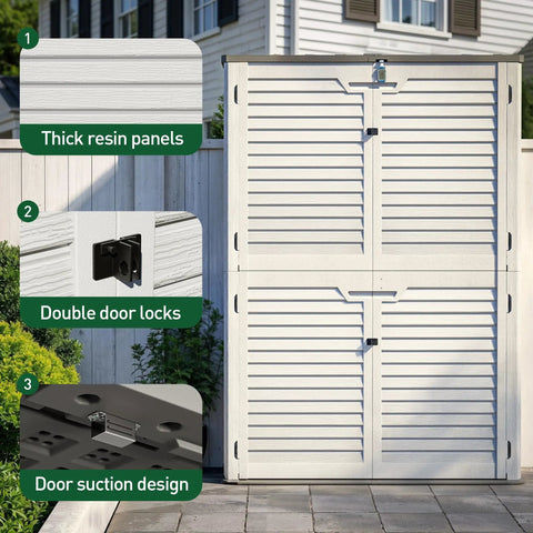 65 Cu Ft Outdoor Storage Shed With Lockable Doors featuring thick resin panels, double door locks, door suction design