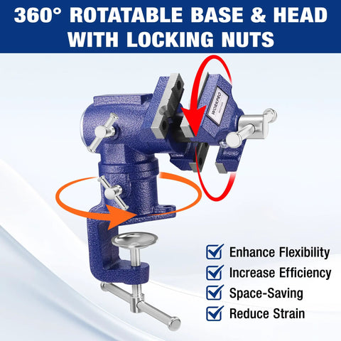 Dual Jaws Table Vise With 2.5 Inch Serrated Jaw And 1.5 Inch Smooth Jaw, 360 Degree Swivel Clamp On Bench Vise For Woodworking