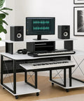 72 Inch Music Desk Workstation With Crossed Metal Panels Keyboard Tray White Finish Wide Monitor Surface Central Shelf
