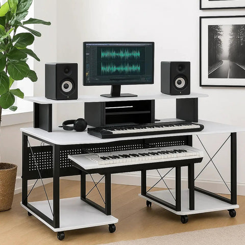 72 Inch Music Desk Workstation With Crossed Metal Panels Keyboard Tray White Finish Wide Monitor Surface Central Shelf
