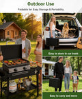 Griddle Stand For Blackstone 17 And 22 Inch Griddles With Wheels Portable Outdoor Grill Table With Ample Workspace For Backyard BBQ Camping Pizza Oven Setup Stable Wobble Free Cooking Surface in use outdoors, being transported, and folded for storage.