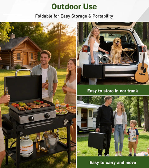 Griddle Stand For Blackstone 17 And 22 Inch Griddles With Wheels Portable Outdoor Grill Table With Ample Workspace For Backyard BBQ Camping Pizza Oven Setup Stable Wobble Free Cooking Surface in use outdoors, being transported, and folded for storage.