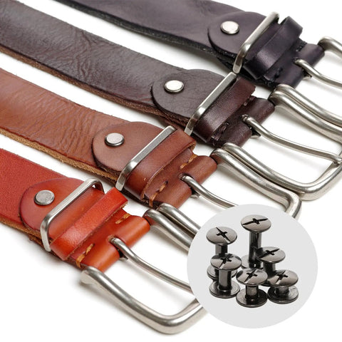 Top Shelf Kickass Chicago Screws Assorted Hardware Kit Including Six Hella Versatile Sizes Perfect For Heavy Duty Leather Working Bookbinding And All Your Favorite Home Projects Featuring Solid Gun Black Finish with leather straps and hardware.