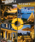 Two Pack 240 LED Solar String Lights Outdoor Waterproof With 8 Modes And Memory Auto On Off glowing in various settings