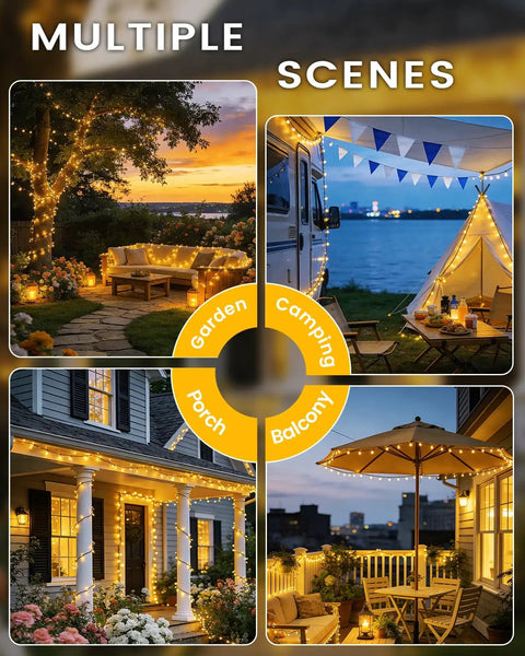 Two Pack 240 LED Solar String Lights Outdoor Waterproof With 8 Modes And Memory Auto On Off glowing in various settings