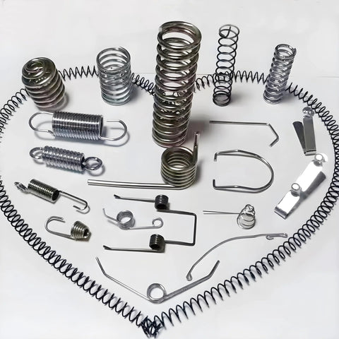 Front view of assorted stainless steel springs and wire forms in multiple diameters and shapes.