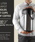 Man holding a Three Liter Coffee Dispenser With Pump And Tray 102Oz Keeps Drinks Hot Up To 12 Hours And Cold For 36 Hours Stainless Steel Thermal Carafe Party Ready For Any Get Together And Cocoa Bars Easy To Use Insulated Pitcher