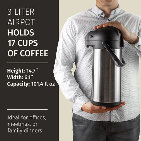 Man holding a Three Liter Coffee Dispenser With Pump And Tray 102Oz Keeps Drinks Hot Up To 12 Hours And Cold For 36 Hours Stainless Steel Thermal Carafe Party Ready For Any Get Together And Cocoa Bars Easy To Use Insulated Pitcher