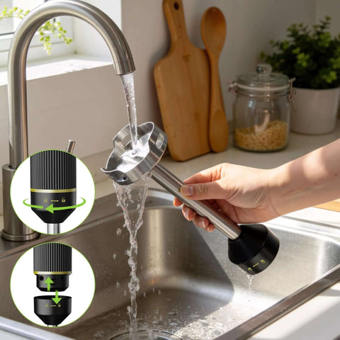 Kitchen Beast 1200W Handheld Immersion Blender Kit with Five Must Have Attachments for quick soup blending, under faucet washing.