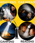 Set of 2 Flexible LED BBQ Grill Lights With 360-Degree Magnetic Base and Gooseneck, demonstrating usage for night BBQ, camping, and reading.