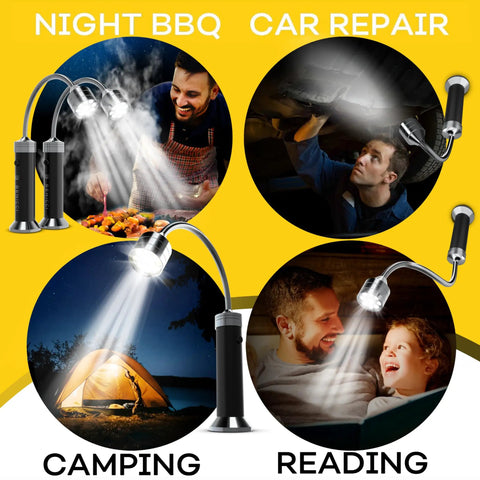 Set of 2 Flexible LED BBQ Grill Lights With 360-Degree Magnetic Base and Gooseneck, demonstrating usage for night BBQ, camping, and reading.