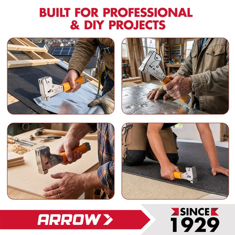 Heavy Duty Hammer Tacker With Sure Grip Handle Pro Grade Manual Stapler used on roofing, flooring, and insulation projects