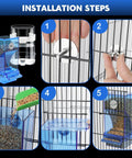 Installation steps for Slick No Mess Blue Clear Acrylic Bird Feeder And Water Dispenser Set with gravity feeders.
