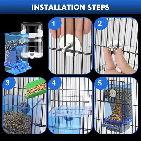 Installation steps for Slick No Mess Blue Clear Acrylic Bird Feeder And Water Dispenser Set with gravity feeders.