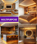 Home interior with No-Solder No-Fuss Gapless LED Connector Kit For 8mm 2835 And 3528 LED Strips in living room, bedroom, kitchen.