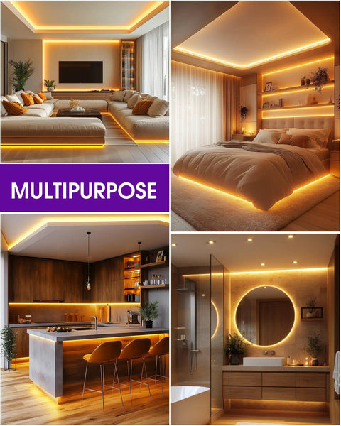 Home interior with No-Solder No-Fuss Gapless LED Connector Kit For 8mm 2835 And 3528 LED Strips in living room, bedroom, kitchen.