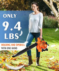 Woman using Beast Power Handheld Gas Leaf Blower With 26cc Two Cycle Engine Delivers 180 MPH Air And 380 CFM for yard cleanup.