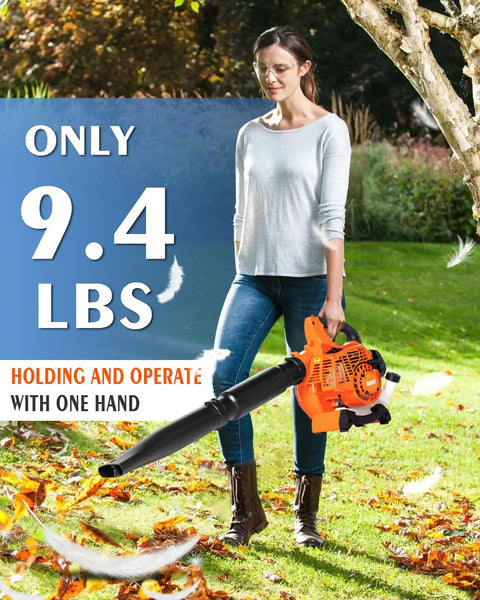 Woman using Beast Power Handheld Gas Leaf Blower With 26cc Two Cycle Engine Delivers 180 MPH Air And 380 CFM for yard cleanup.