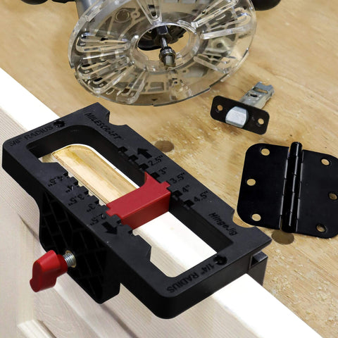 Self Clamping Door Hinge Jig With Pro Grade Adjustments And Latch Templates shown on a door for routing mortises from 2.5 to 4.5 inches